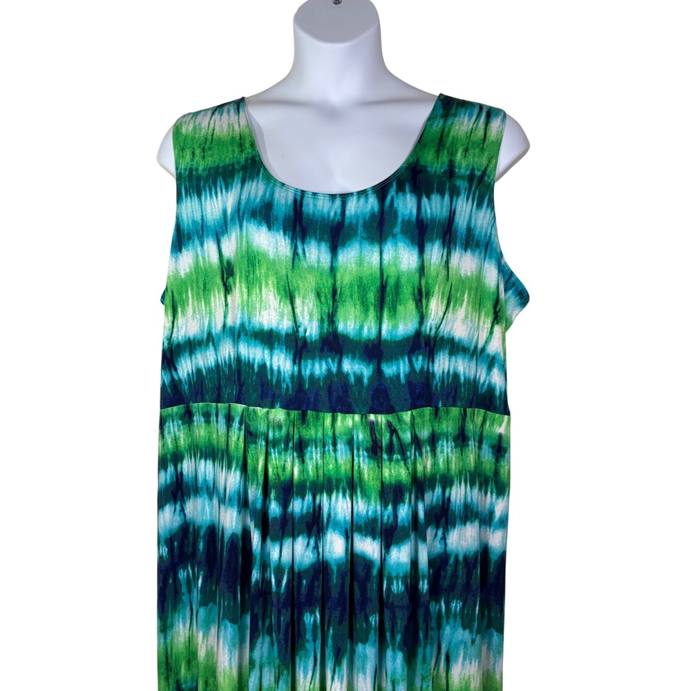 Nina Leonard Maxi Dress 3X Sleeveless Tie-dye beach resort coastal green blue